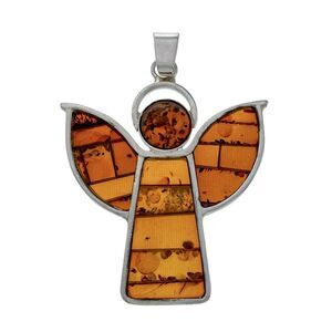 Estate Sterling Silver 925 Mosaic Stained Glass Amber Angel Pendant